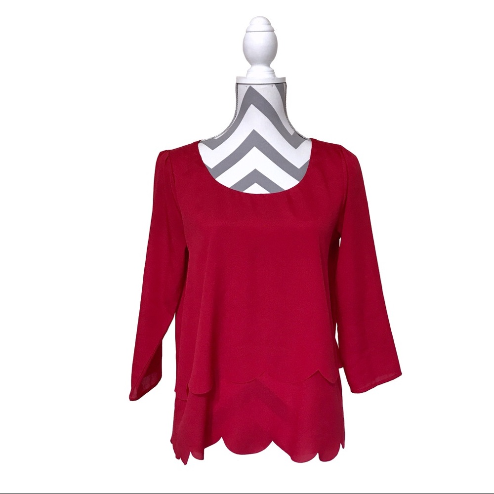 My Beloved-Red Scalloped Blouse-EUC-Sz Small